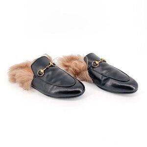 Gucci Princetown Black Horsebit Shearling Mule Loafers Fur Size 38 US 8 Women's